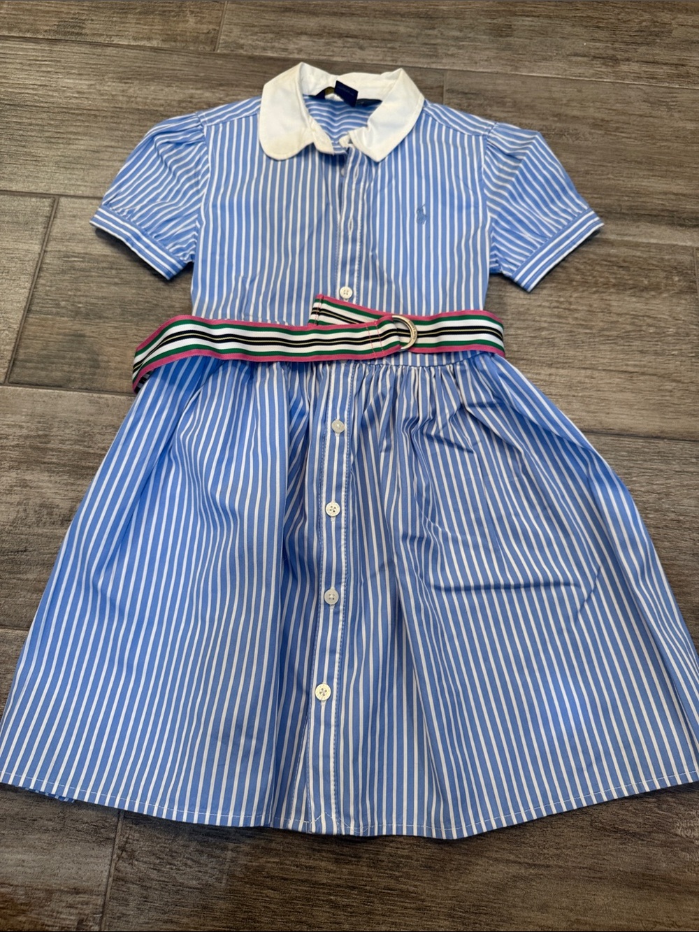 Blue and White Striped Kids' Shirt Dress with Contrast Belt